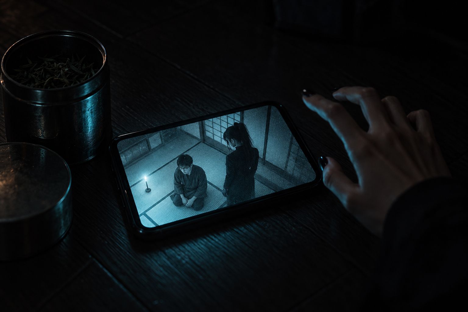 Ein Telefon auf dem Holzboden zeigt ein körniges Video aus dem Ratsraum