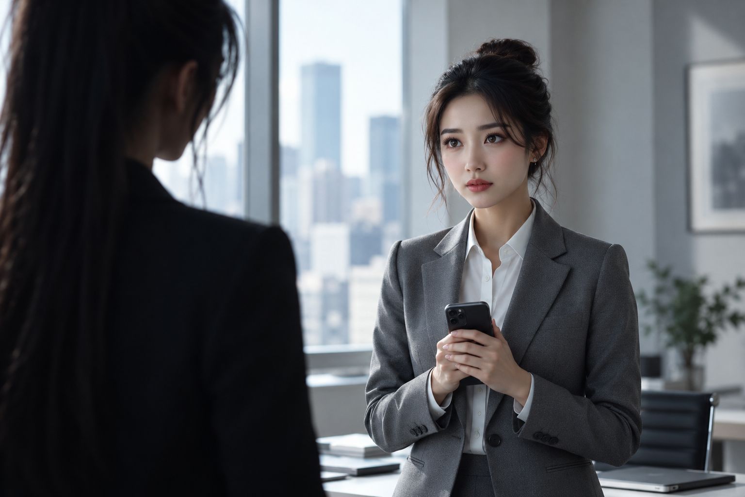 Emiko hält ihr Telefon mit beiden Händen, vor dem Fenster Yamis Silhouette