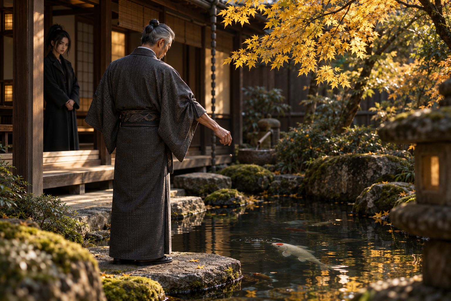 Kyoto, Herbst: Ryota füttert die Karpfen, Yami steht unter dem Vordach