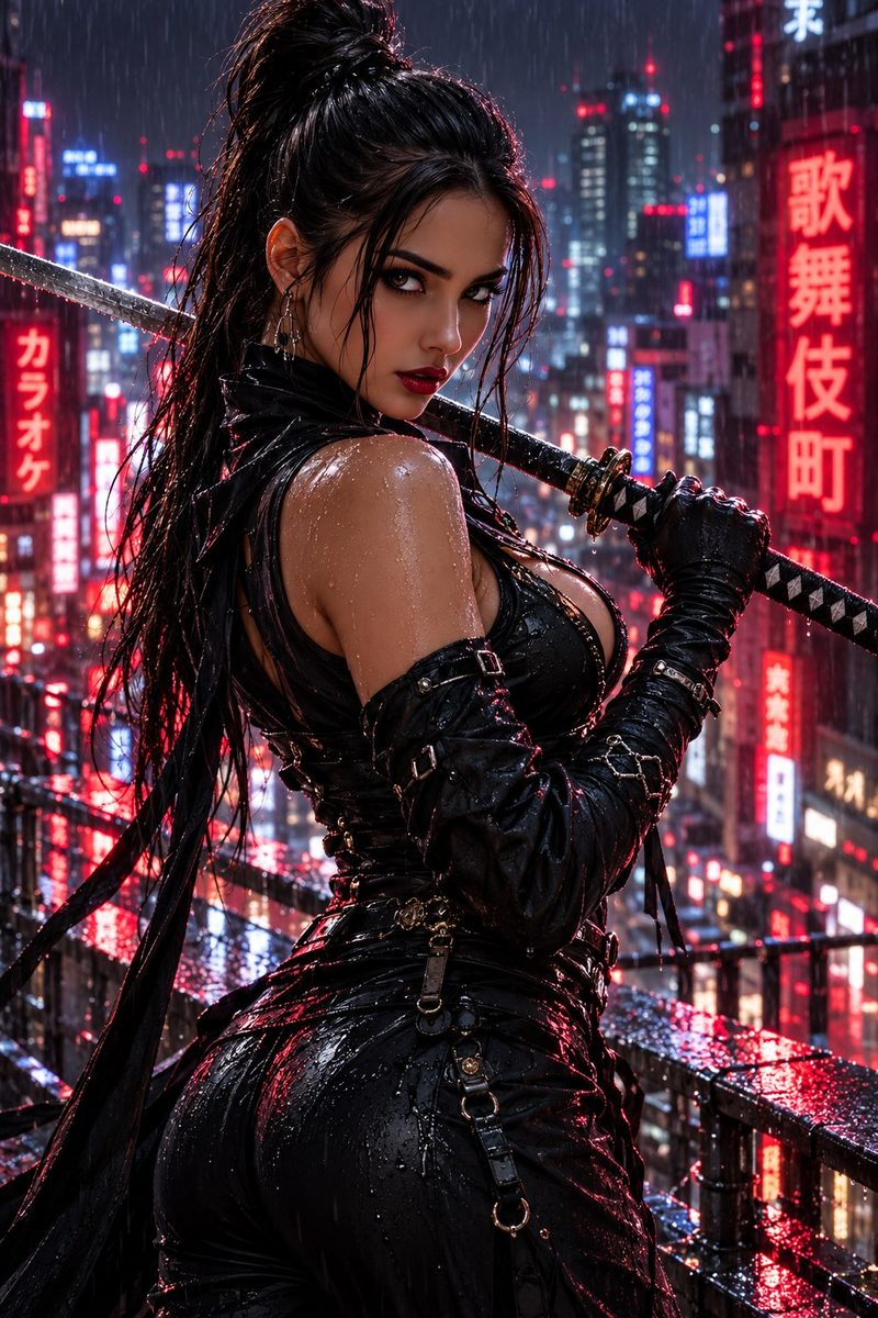 Yami im nassen schwarzen Shinobi-Anzug auf einem Dach über Kabukichō, das Katana über der Schulter