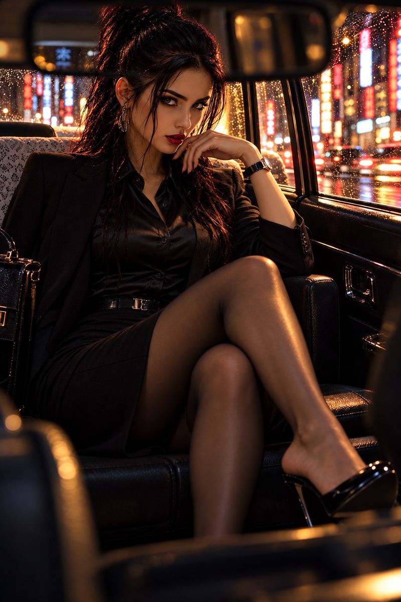 Saya in geschlossener schwarzer Seidenbluse und Blazer auf dem Rücksitz eines Taxis, Ginza im Regen
